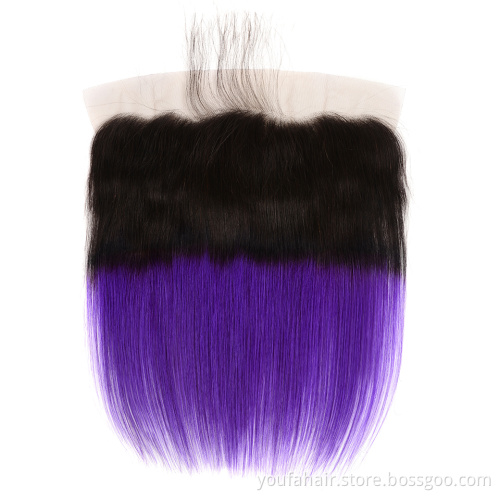 Brazilian Straight Human Hair Swiss Lace Frontal Virgin Hair Pre Colored 13x4 Ombre 2 Tone 1b Purple/Pink/99J/Burg Plucked Hair